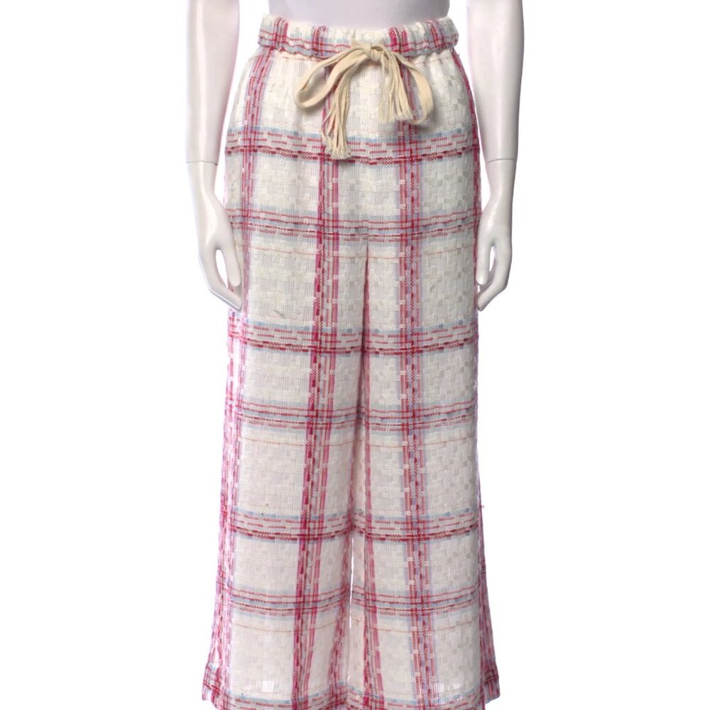 Staud Wide Leg Plaid Drawstring Pants Cream Pink Medium